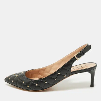 Pre-owned Valentino Garavani Black Quilted Leather Rockstud Pointed Toe Slingback Pumps Size 38