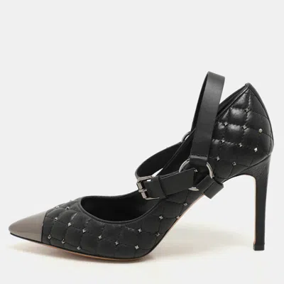 Pre-owned Valentino Garavani Black Quilted Leather Rockstud Spike Ankle Strap Cap Toe Pointed Pumps Size 36.5