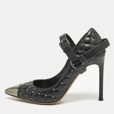 Pre-owned Valentino Garavani Black Quilted Leather Rockstud Spike Ankle Strap Cap Toe Pointed Pumps Size 37