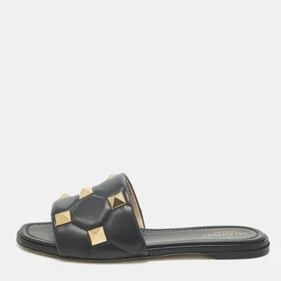 Pre-owned Valentino Garavani Black Quilted Leather Roman Stud Flat Slides Size 38.5
