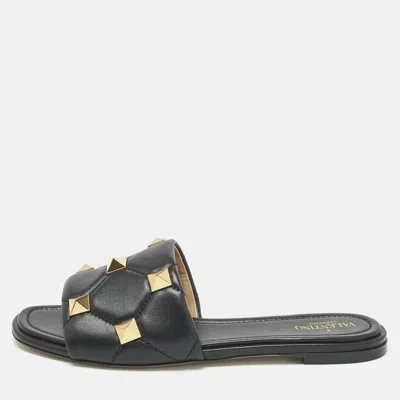Pre-owned Valentino Garavani Black Quilted Leather Roman Stud Flat Slides Size 41.5