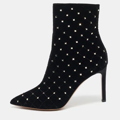 Pre-owned Valentino Garavani Black Quilted Velvet Rockstud Pointed Toe Ankle Length Boots Size 37