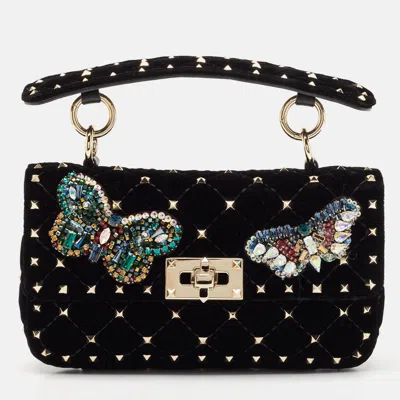Pre-owned Valentino Garavani Black Quilted Velvet Small Butterfly Rockstud Spike Top Handle Bag
