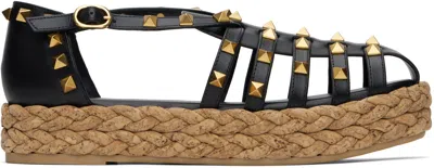 Valentino Garavani Black Rockstud Cork Sandals In U55 Nero/naturale