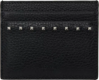 Valentino Garavani Black Rockstud Grainy Calfskin Card Holder In 0no Nero