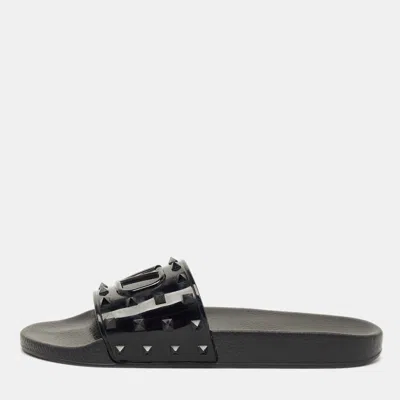 Pre-owned Valentino Garavani Black Rubber Rockstud Pool Slides Size 46