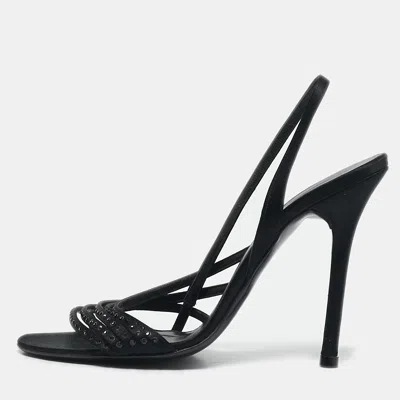 Pre-owned Valentino Garavani Black Satin Bow Crystal Embellished Slingback Sandals Size 37.5