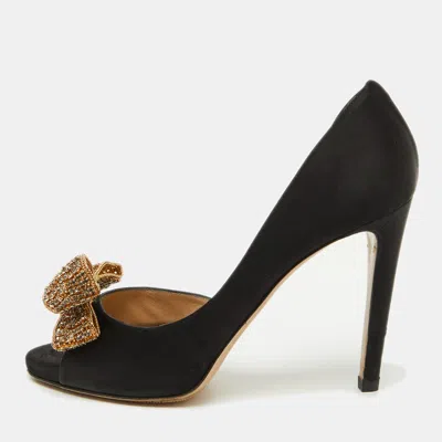 Pre-owned Valentino Garavani Black Satin Crystal Embellished Bow D'orsay Pumps Size 39.5