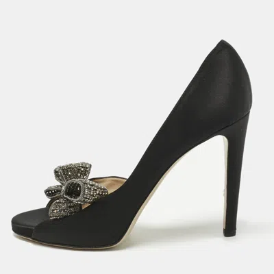 Pre-owned Valentino Garavani Black Satin Crystal Embellished Bow Peep Toe D'orsay Pumps Size 39.5