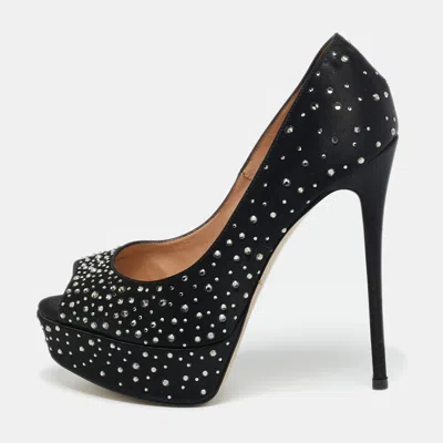 Pre-owned Valentino Garavani Black Satin Crystal Embellished Platform Peep Toe Pumps Size 36