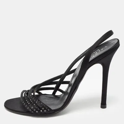 Pre-owned Valentino Garavani Black Satin Crystal Embellished Slingback Sandals Size 37.5