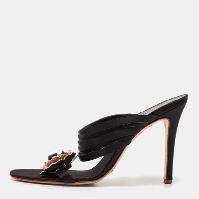 Pre-owned Valentino Garavani Black Satin Flower Embellished Slide Sandals Size 38