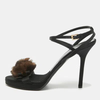 Pre-owned Valentino Garavani Black Satin Fur Bow Ankle Strap Sandals Size 38