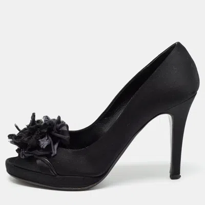 Pre-owned Valentino Garavani Black Satin Peep Toe Platform Pumps Size 37.5
