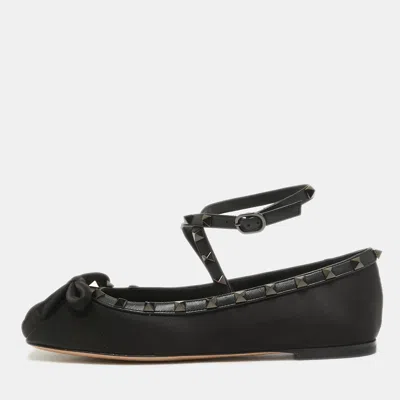 Pre-owned Valentino Garavani Black Satin Rockstud Bow Ballet Flats Size 38