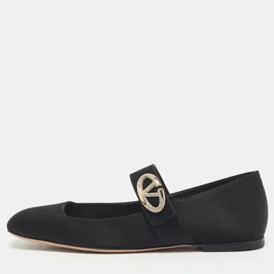 Pre-owned Valentino Garavani Black Satin Vlogo Mary Jane Ballet Flats Size 38