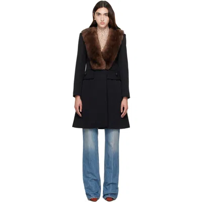 Valentino Black Shearling Collar Coat In 0no Nero