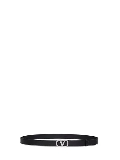 Valentino Garavani Black Shiny Calfskin Leather Vlogo Signature Crystal Belt