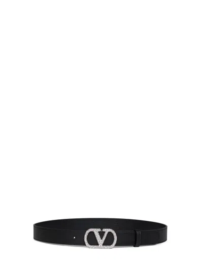 Valentino Garavani Black Shiny Calfskin Leather Vlogo Signature Crystal Belt