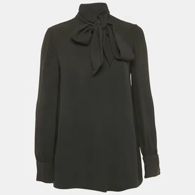 Pre-owned Valentino Black Silk Blend Crepe Tie-up Neck Detail Top M