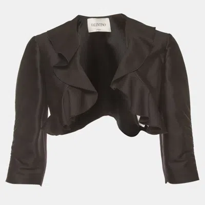 Pre-owned Valentino Black Silk Blend Ruffle Crop Jacket L
