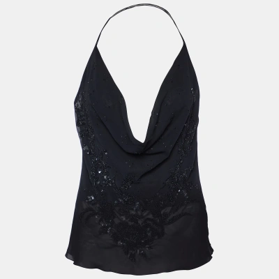 Pre-owned Valentino Black Silk Floral Embellished Camisole Top M