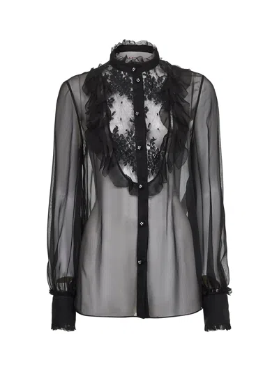 Valentino Black Silk Georgette Shirt With Lace Insert