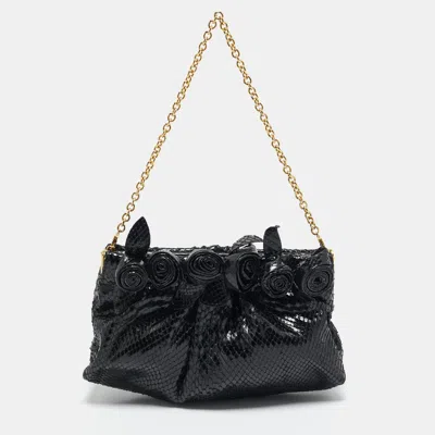 Pre-owned Valentino Garavani Black Snakeskin Fleur Chain Clutch