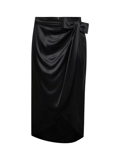Valentino Black Solid Crepe Satin Midi Skirt With Bow