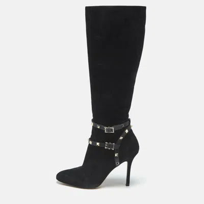 Pre-owned Valentino Garavani Black Suede And Leather Rockstud Knee Length Boots Size 37.5