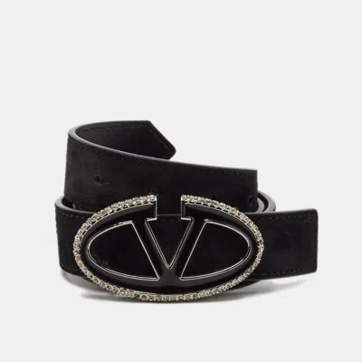 Pre-owned Valentino Garavani Black Suede And Leather Vlogo Crystals Reversible Belt 80cm