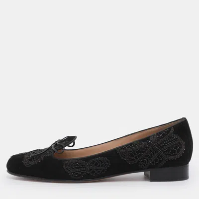 Pre-owned Valentino Garavani Black Suede Butterfly Embroidered Ballet Flats Size 41