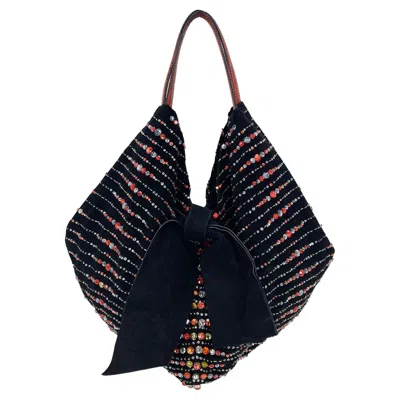 Pre-owned Valentino Garavani Valentino Black Suede Rhinestone Beaded Bow Tote