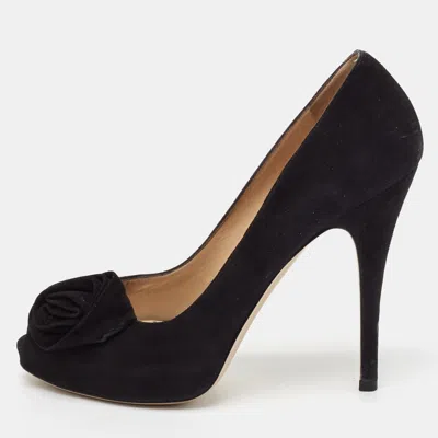 Pre-owned Valentino Garavani Black Suede Rose Peep Toe Pumps Size 39