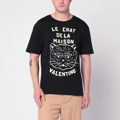 VALENTINO VALENTINO BLACK T-SHIRT WITH LE CHAT DE LA MAISON PRINT