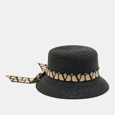 Pre-owned Valentino Garavani Black Toile Iconographe Straw Bucket Hat M