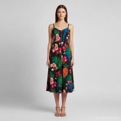 Pre-owned Valentino Black Tropical Dream Print Silk Crepe Midi Dress M
