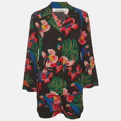 Pre-owned Valentino Black Tropical Print Silk Shirt And Shorts Set Xs