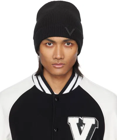Valentino Garavani Black V Appliqué Beanie In Nero