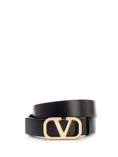 Valentino Garavani Black V Logo Belt In Nero/antique Brass