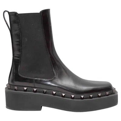 Pre-owned Valentino Garavani Black Valentino Rockstud-trimmed Ankle Boots Size 37