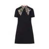 Valentino Embellished Pussy-bow Wool And Silk-blend Crepe Mini Dress In Black