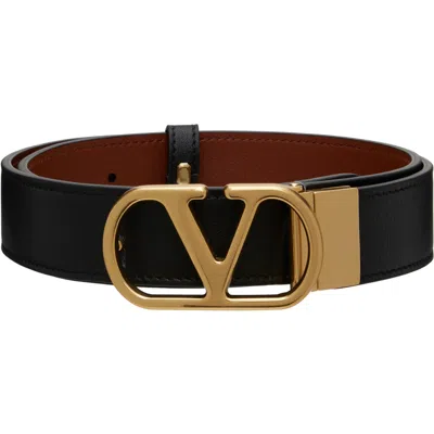 Valentino Garavani Black Vlogo Signature Reversible Belt In Drn Nero/deep Carame