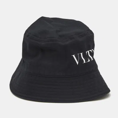 Pre-owned Valentino Garavani Black Vltn Print Cotton Bucket Hat Size 58