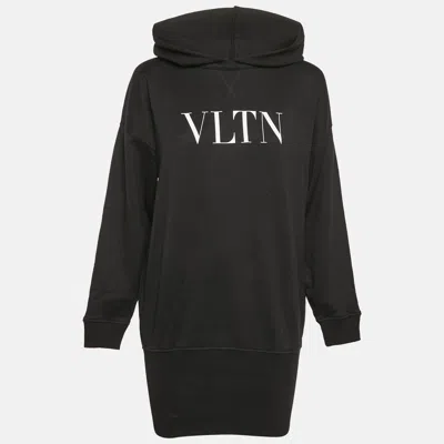 Pre-owned Valentino Black Vltn Print Cotton Hoodie Dress S