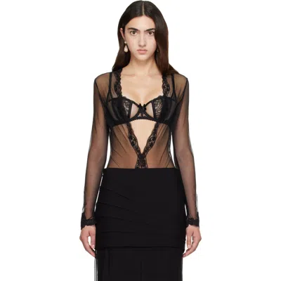 Valentino Black V-neck Lace Bodysuit In 0no Nero