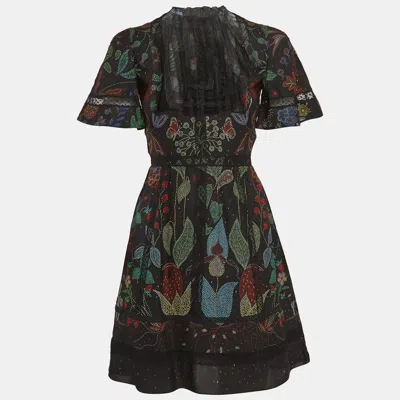 Pre-owned Valentino Black Watersong Print Silk & Lace Trim Mini Dress Xs