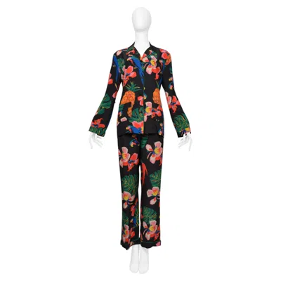 Pre-owned Valentino Black With Tropical Print Silk Pajama Shirt And Pants Ensemble