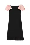 Valentino Wool Blend Mini Dress With Ruffled Sleeves And Hem In Nero Rosa