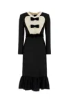 Valentino Belted Bow-embellished Velvet And Ottoman-trimmed Wool Midi Dress In Nerosoftbeige
